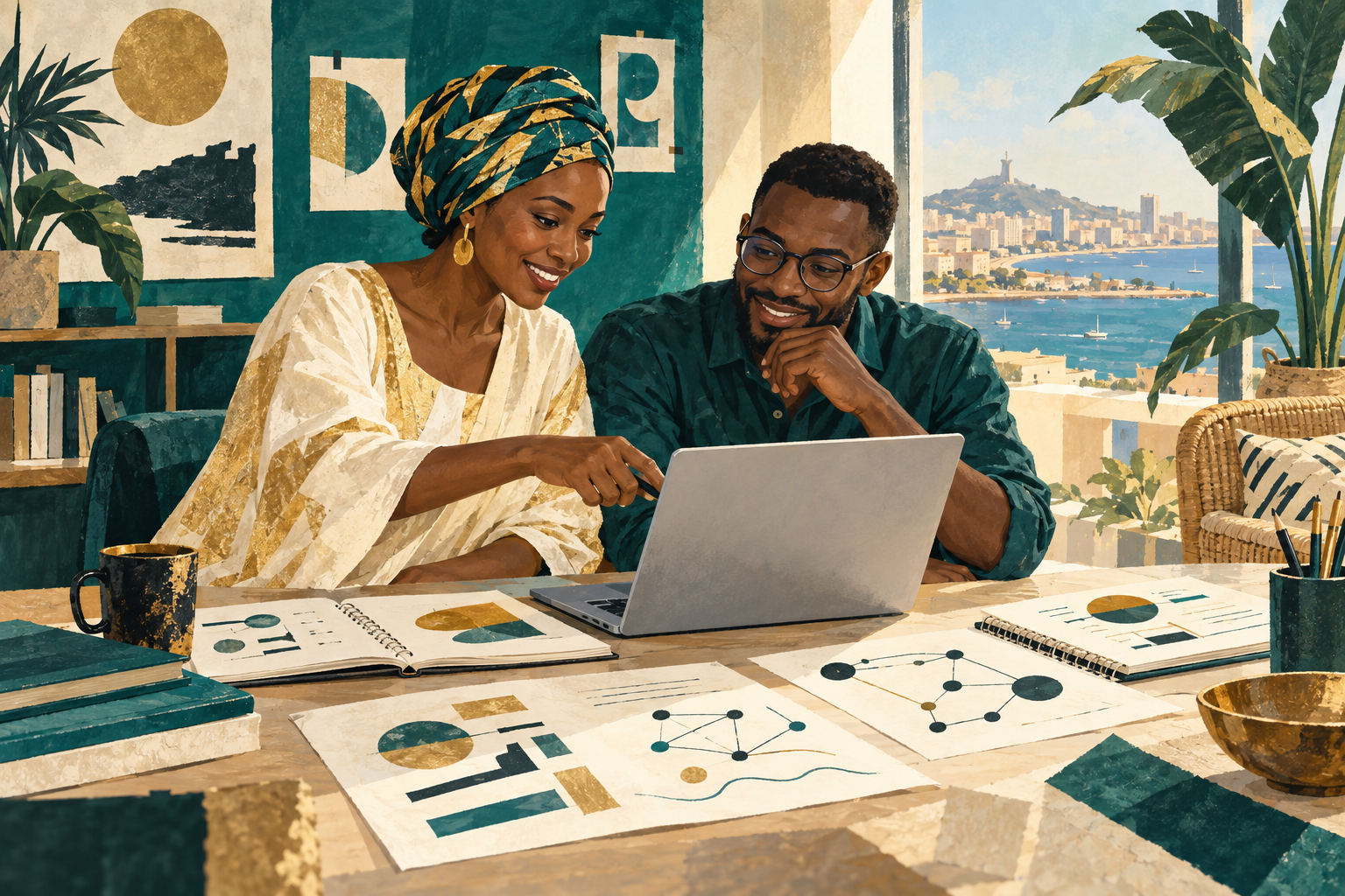 Illustration de deux personnes travaillant ensemble sur un cours dans un atelier à Dakar